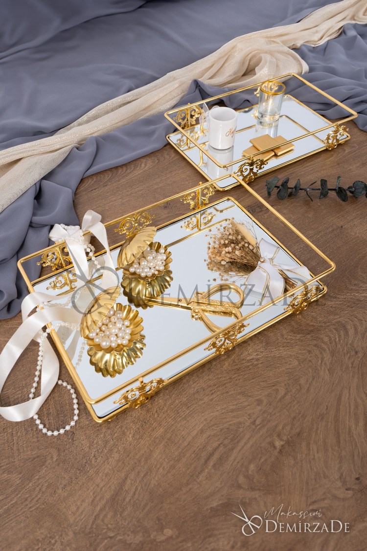 Aynalı Gold Nişan Tepsisi